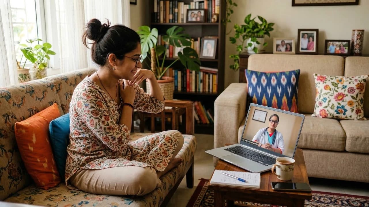 Best Online Physiotherapy in Chamba — Dr. Ponkhi Sharma PT conducting a live tele-physiotherapy video consultation